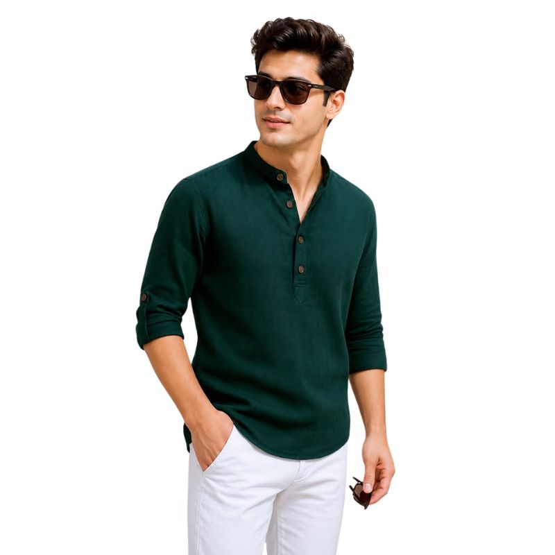 Men's Bottle Green Mandarin Collar Cotton Shirt