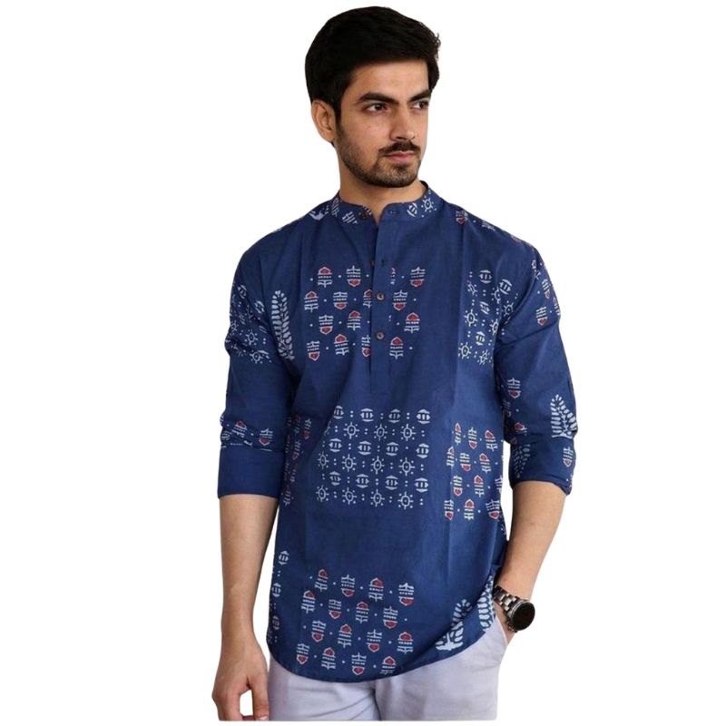 Men's Navy Blue Printed Short Kurta – Cotton Ethnic Wear | TN95 Sivakasi