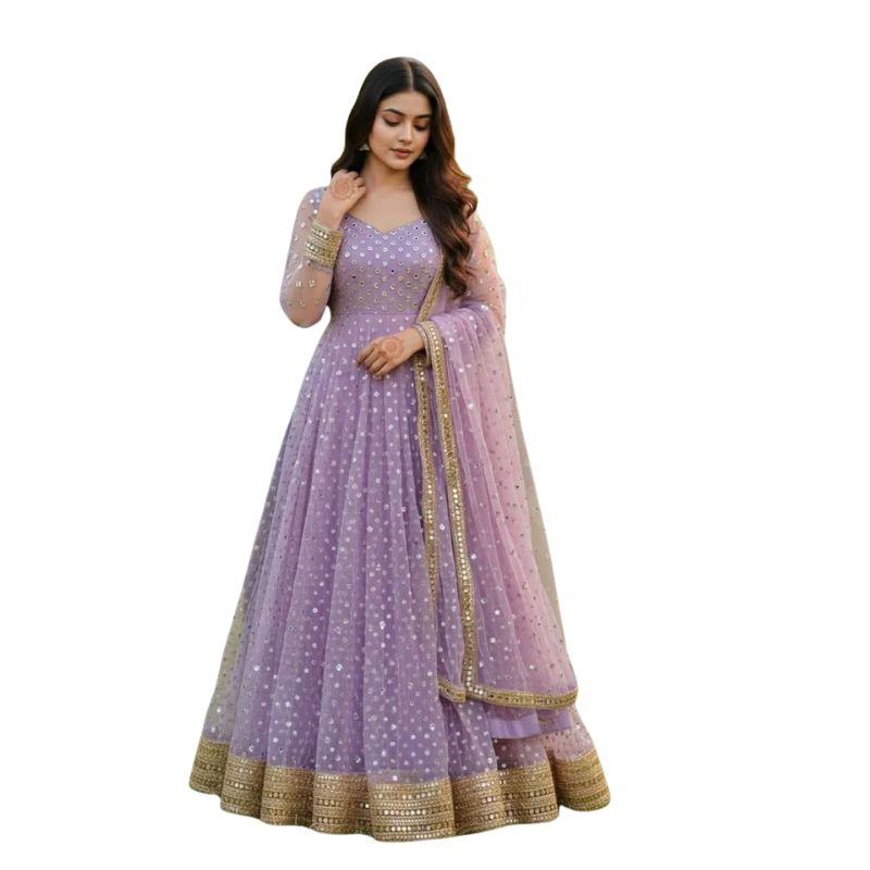 Lavender Embroidered Anarkali Gown with Sequin Work & Net Dupatta