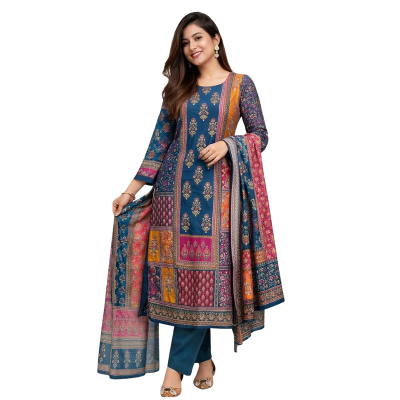 Teal Multicolor Patchwork Print Kurta Set with Dupatta – Pure Cotton Ethnic Wear