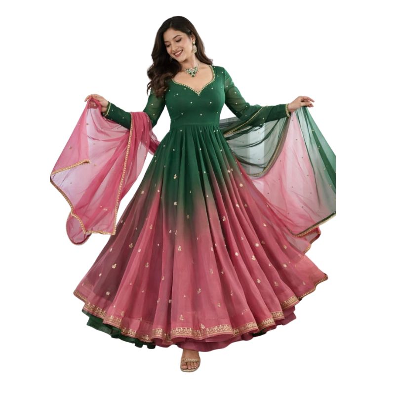 Emerald Green to Pink Ombre Anarkali Gown with Sequin Embellishment